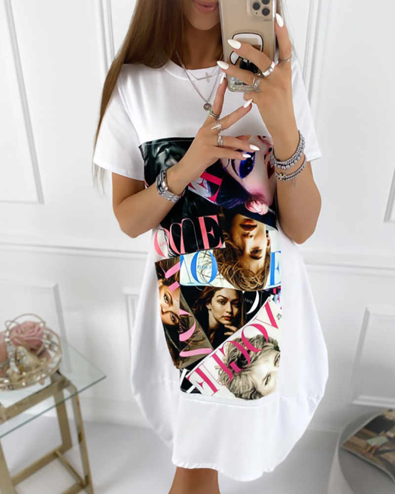 

Round Neck Print Short Sleeve Casual Dress, White