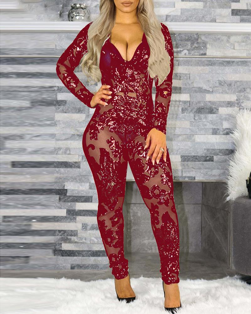 

Sheer Sequined Deep V Neck Skinny Jumpsuits, Wine red