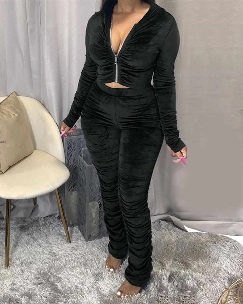 

Plain Zipper Design Long Sleeve Top & Pants Set, Black