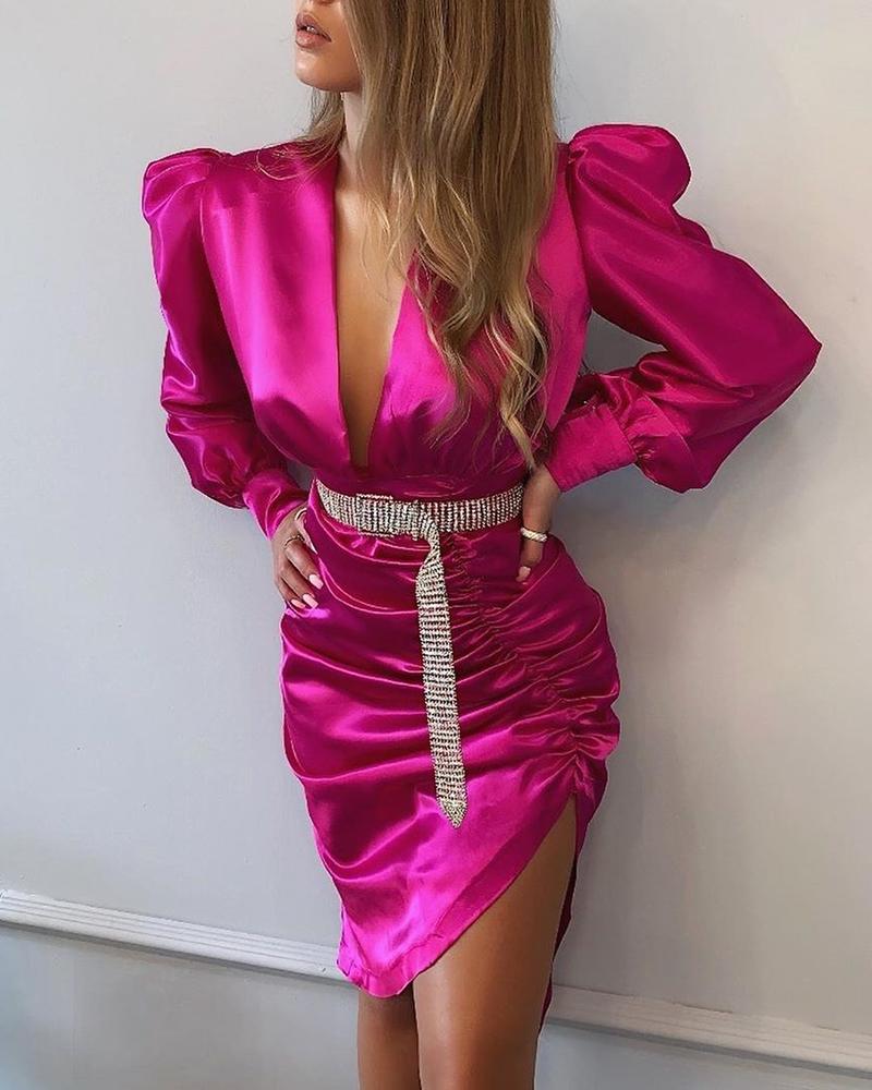 

V Neck Puff Sleeve Ruched Slit Mini Dress