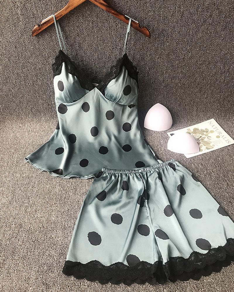

Polka dot Lace Trim Cami Set, Green