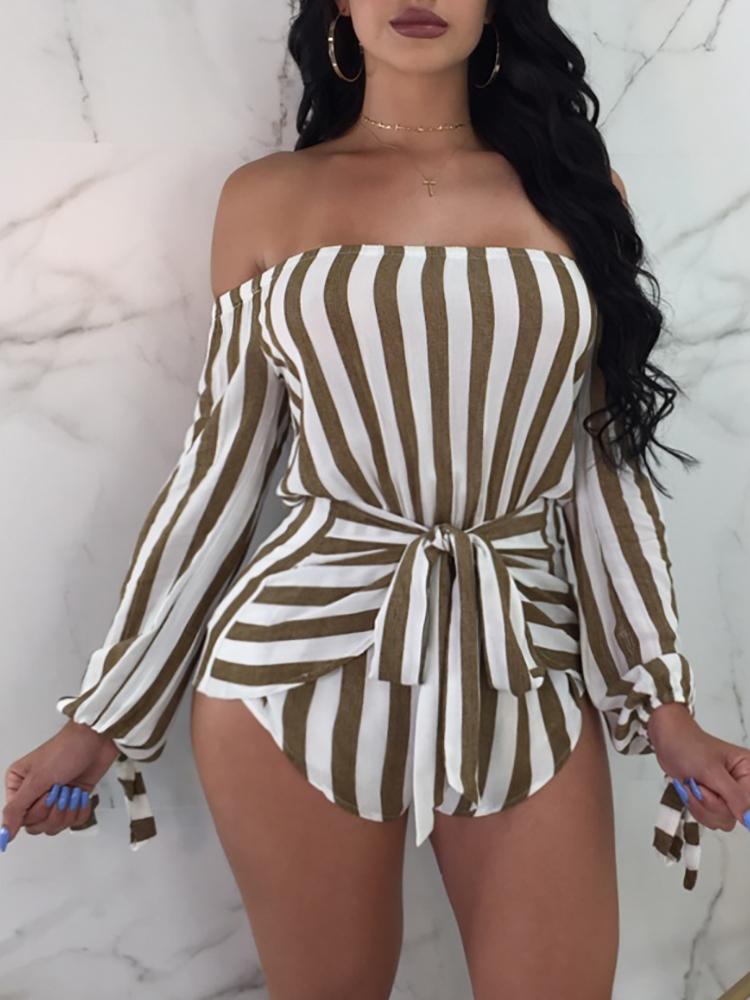 

Sexy Off Shoulder Striped Belted Playsuit