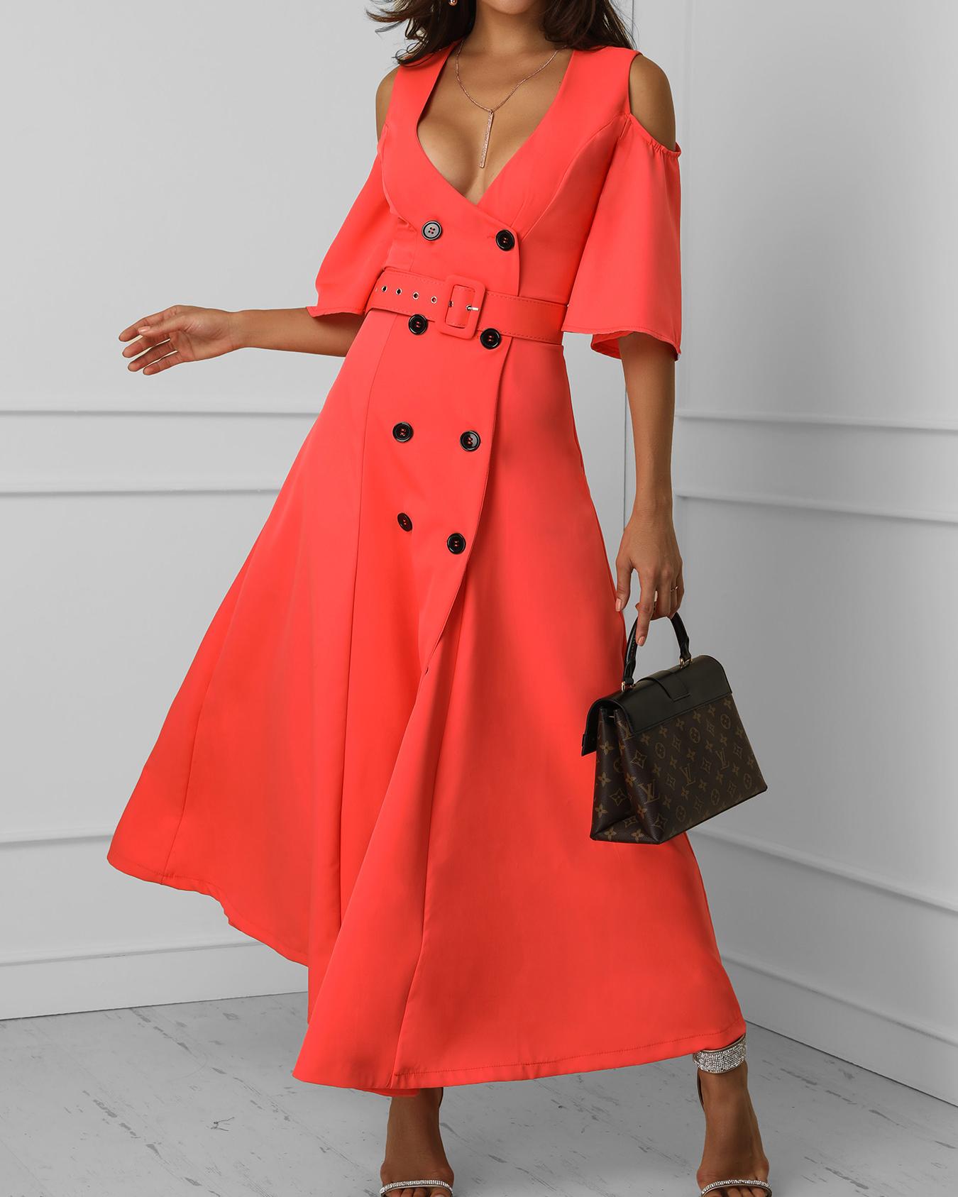

Cold Shoulder Double-Breasted Belted Dress, Red
