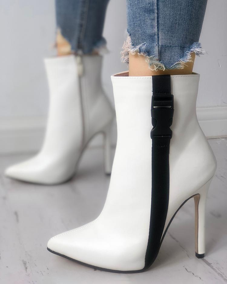 

Tape Design Pointed Toe Thin Heeled Boots, White