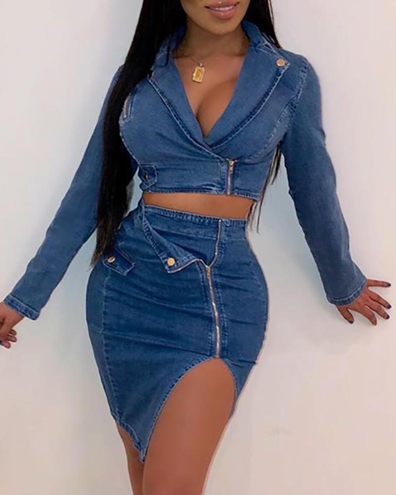 

Solid Denim Crop Top & Slinky Slit Skirt Sets