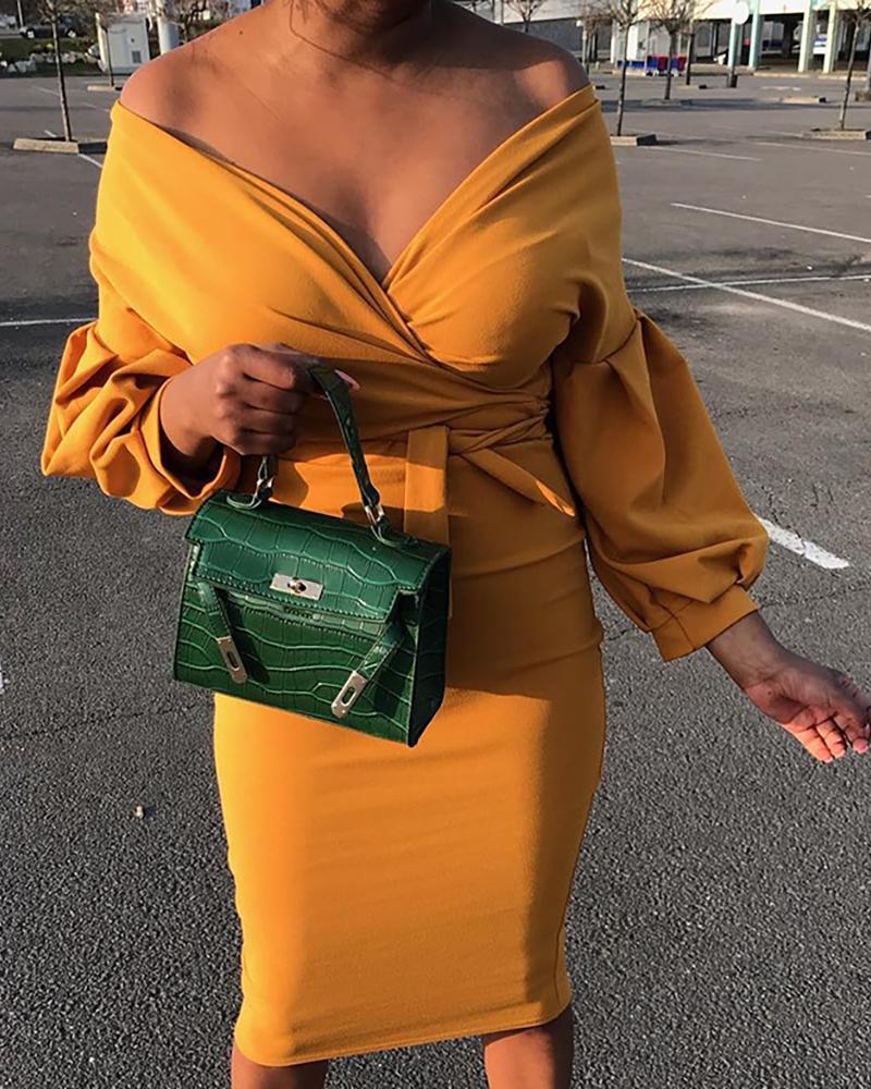 

Off Shoulder Tied Waist Wrap Bodycon Dress, Yellow