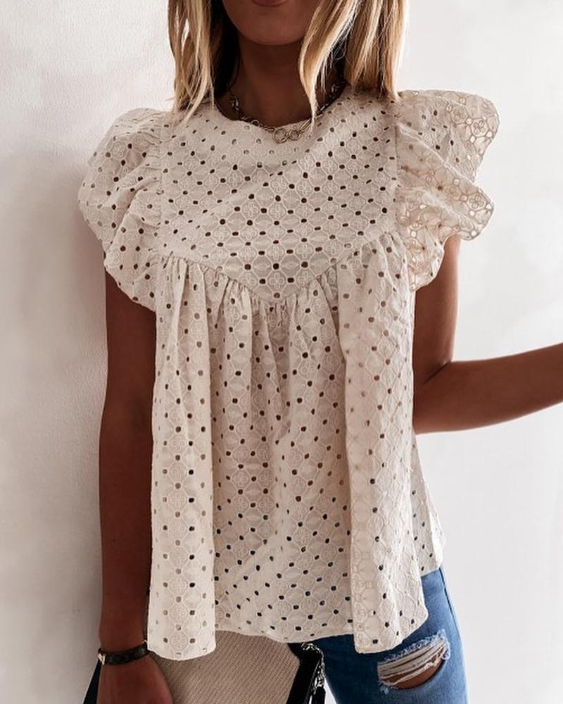 

Eyelet Embroidery Flutter Sleeve Ruffles Blouse, Beige