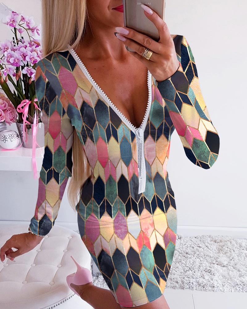 

Geo Print Colorblock Zipper Design Bodycon Dress, Multicolor