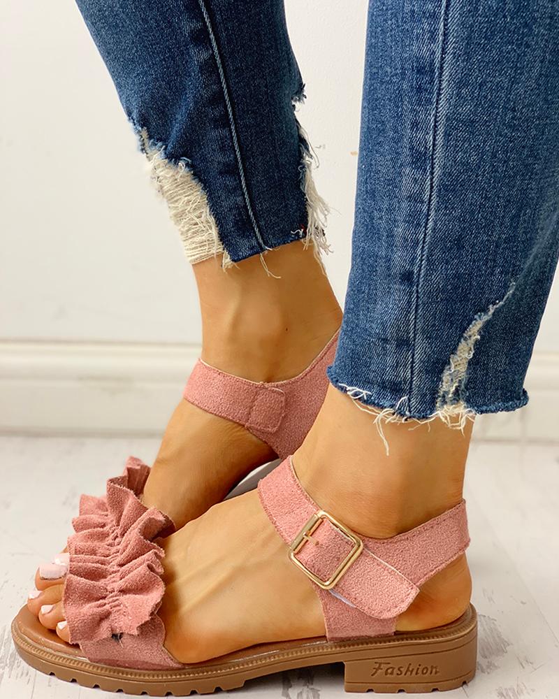 

Ruched Frill Hem Casual Sandals, Pink