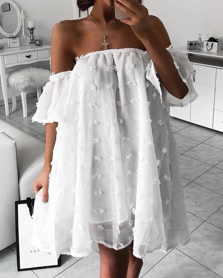 

Solid Off Shoulder Mesh Chiffon Dress