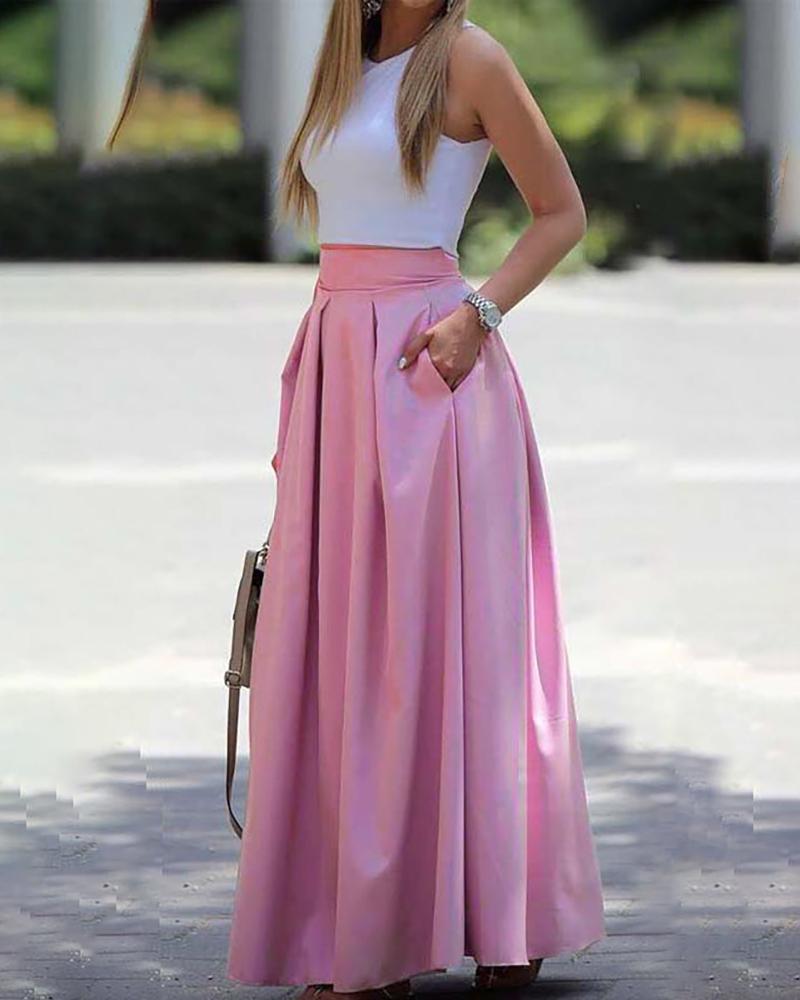 

Sleeveless Top & Ruched Pocket Design Maxi Skirt Set, Pink