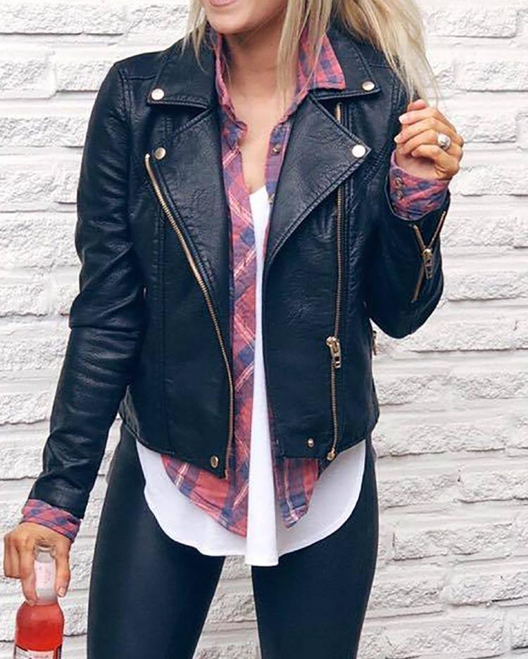 

Trendy Metallic Zipper Design PU Jacket, Black