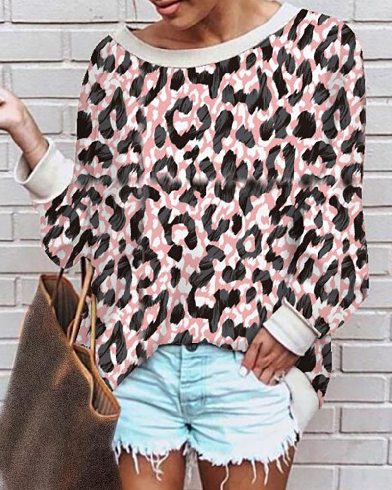 

Floral Cheetah Print Long Sleeve Casual Top, Pink