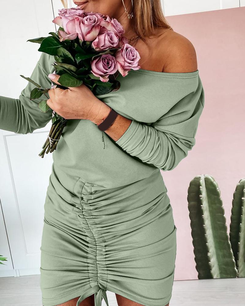 

Solid Long Sleeve Drawstring Ruched Dress, Green