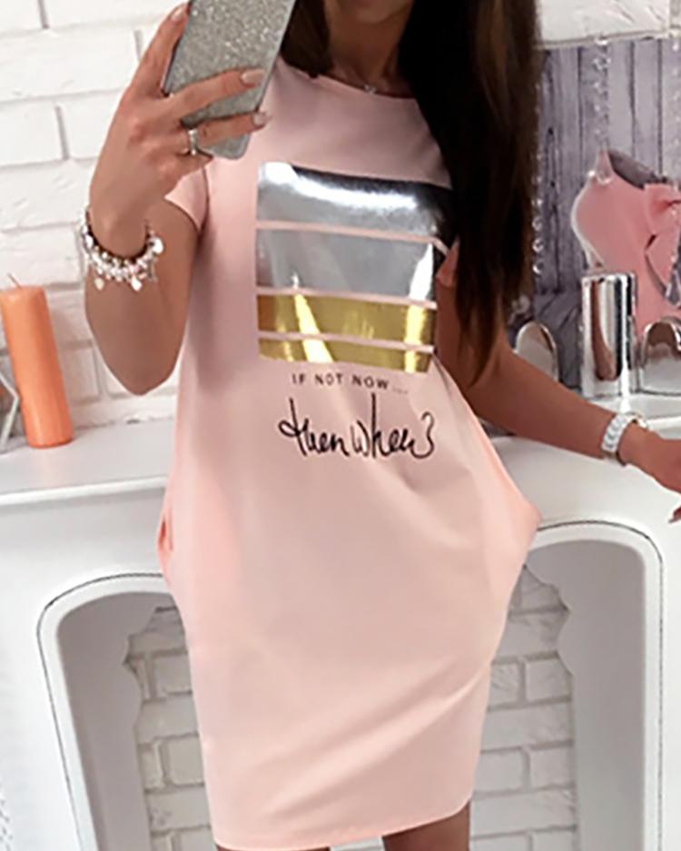

Letter Print Pocket Design Casual Dress, Pink