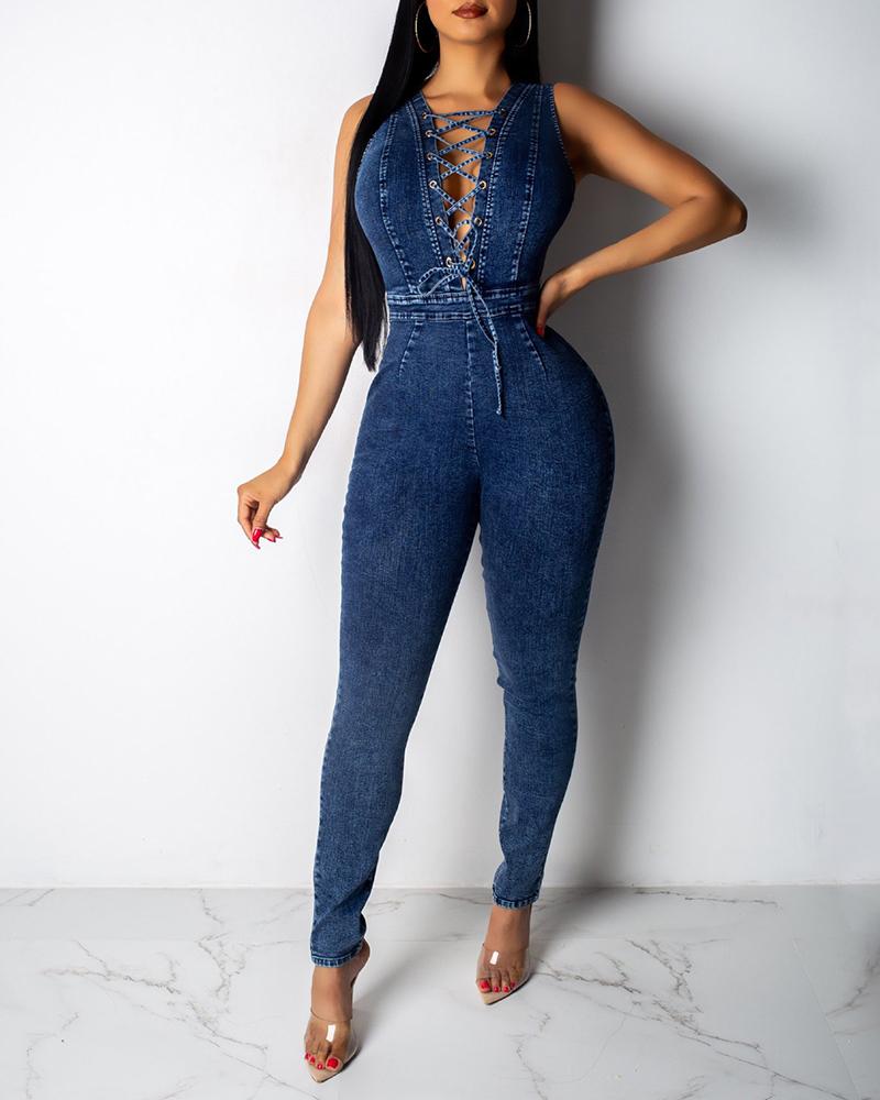 

Eyelet Lace-Up Front Denim Jumpsuit