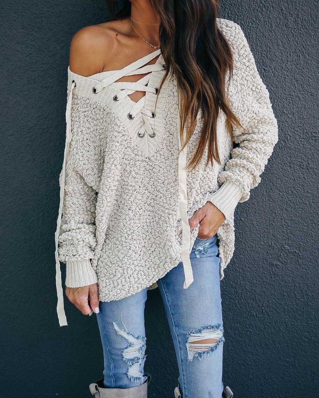 

Adjustable Lace-Up Knitted Sweater, Beige