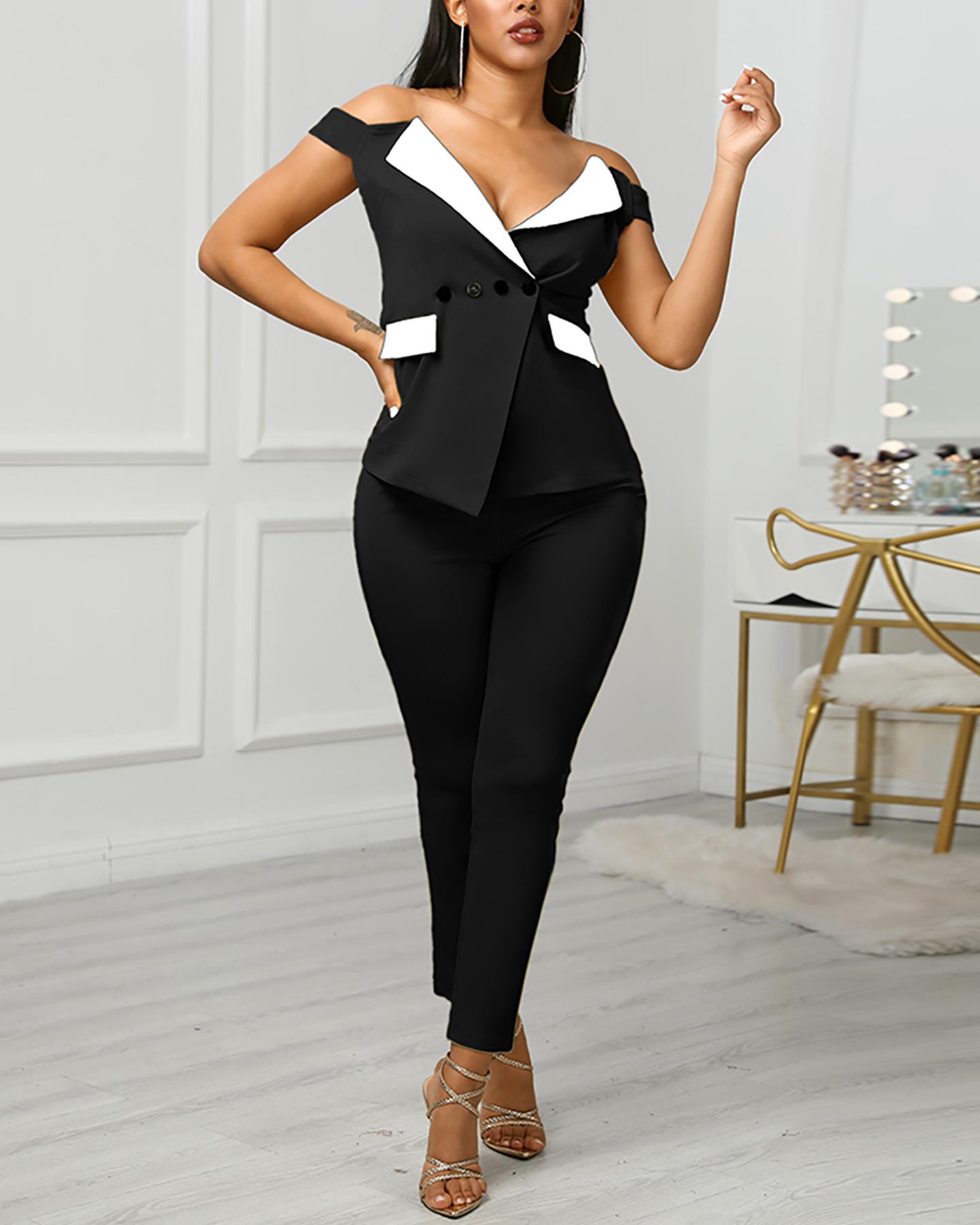 

Colorblock Off Shoulder Notched Collar Buttoned Blazer & Pants Sets, Black