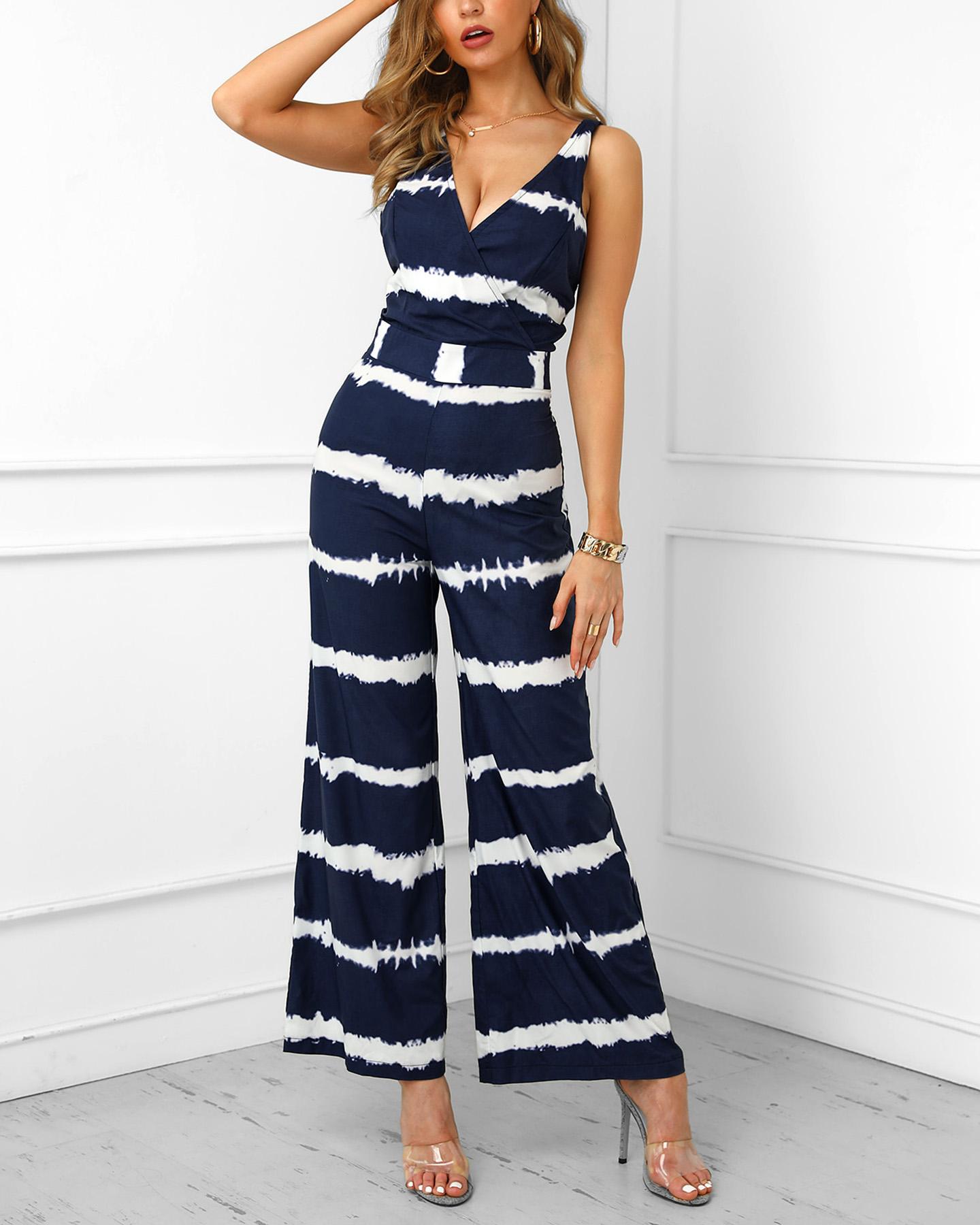 

Tie Dye Print Wide Leg Backless Jumpsuit, Dark blue&white