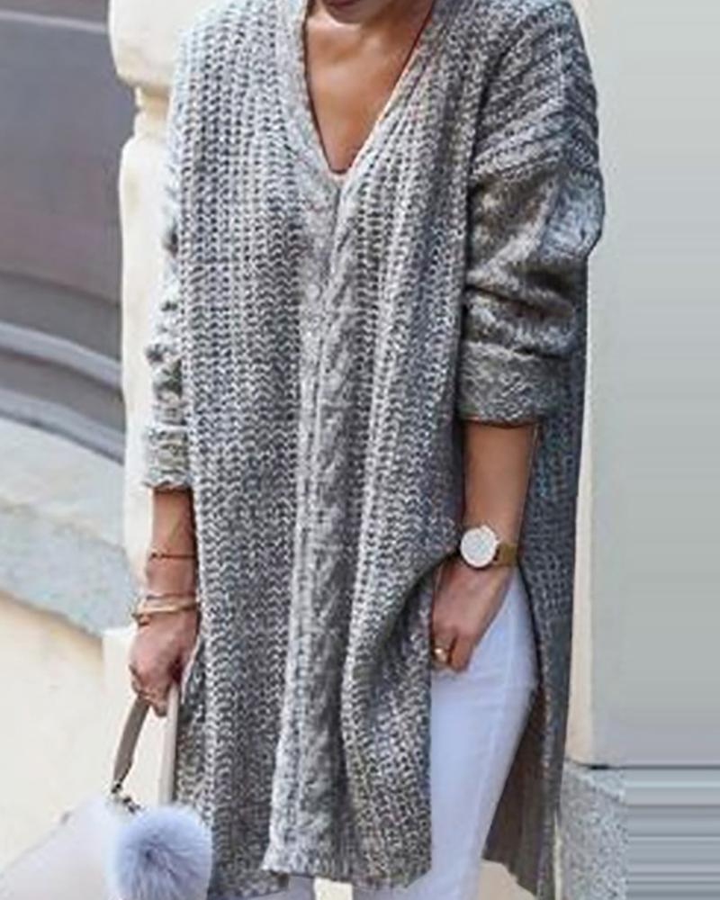 

Solid Long Sleeve Casual Slit Sweater, Gray