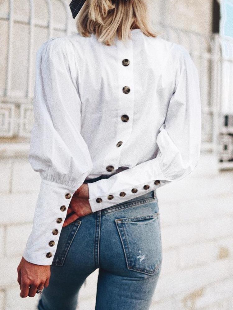 

Solid Button Design Long Sleeve Blouse, White