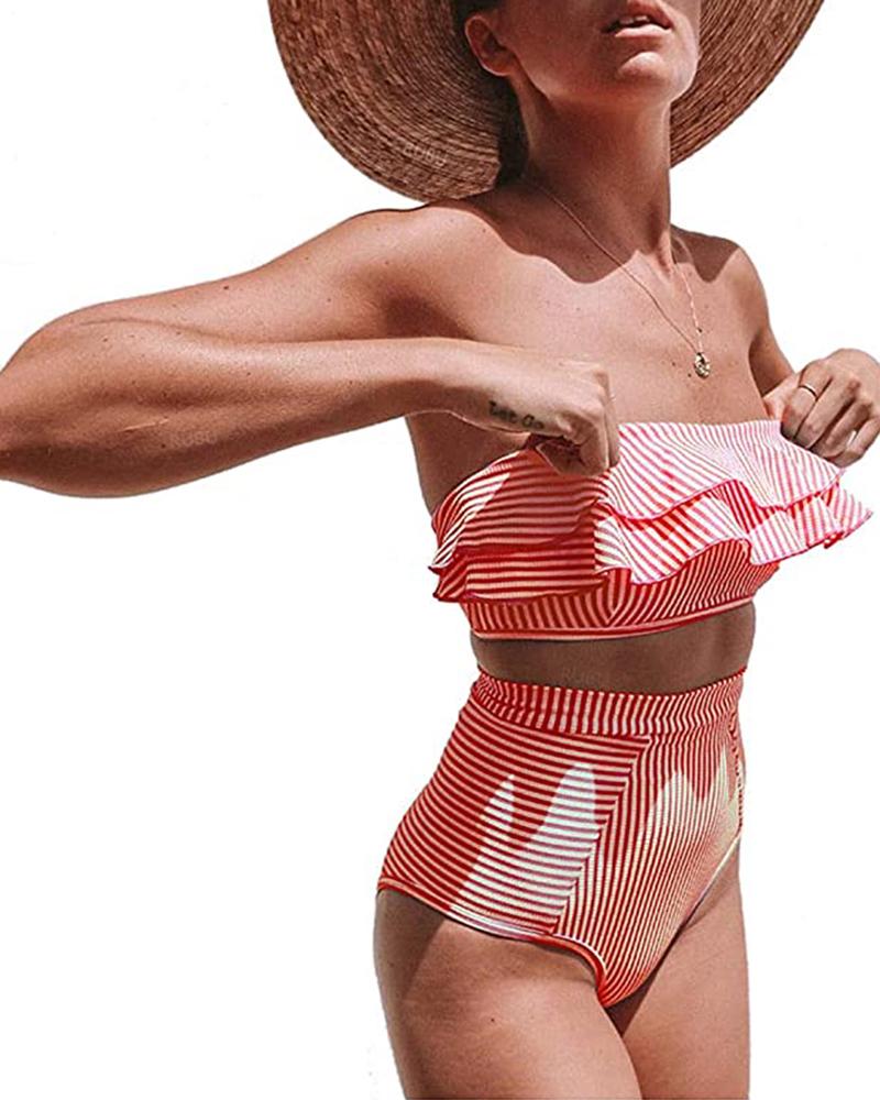 

Strapless Stripe Ruffle High Waisted Bikini Two Piece Swimsuits, Red
