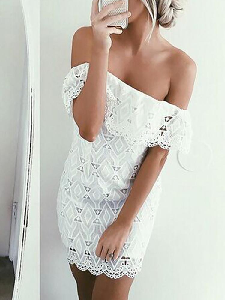 

Fashion Lace Crochet Off Shoulder Scalloped Bodycon Dress