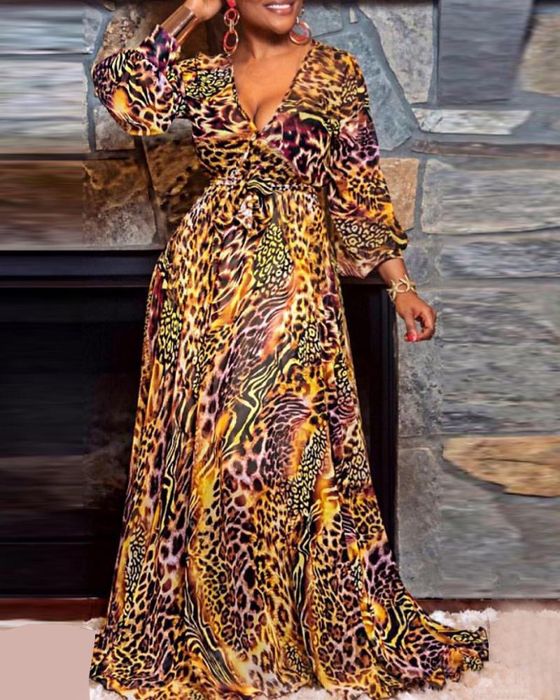 

Long Sleeve Leopard Print Maxi Dress, Brown