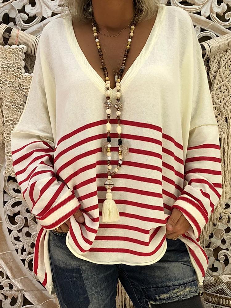 

V-neck Striped Splicing Casual Top
