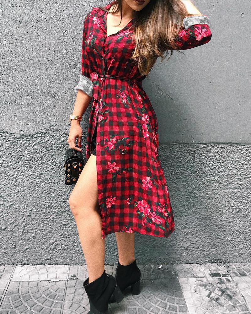 

Floral Plaid Print Button Design Long Sleeve Shirt Dress, Red