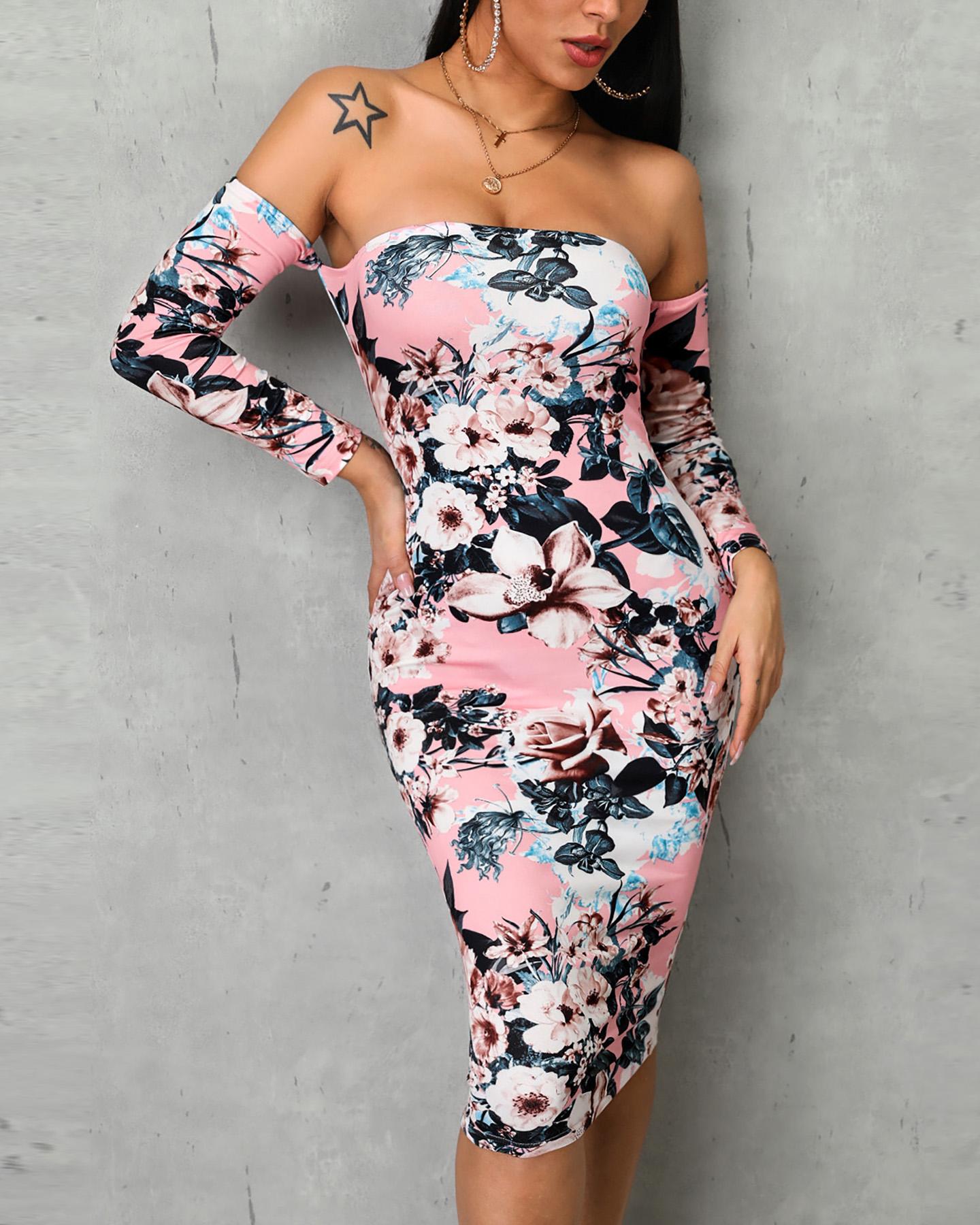 

Off Shoulder Long Sleeve Print Bodycon Dress