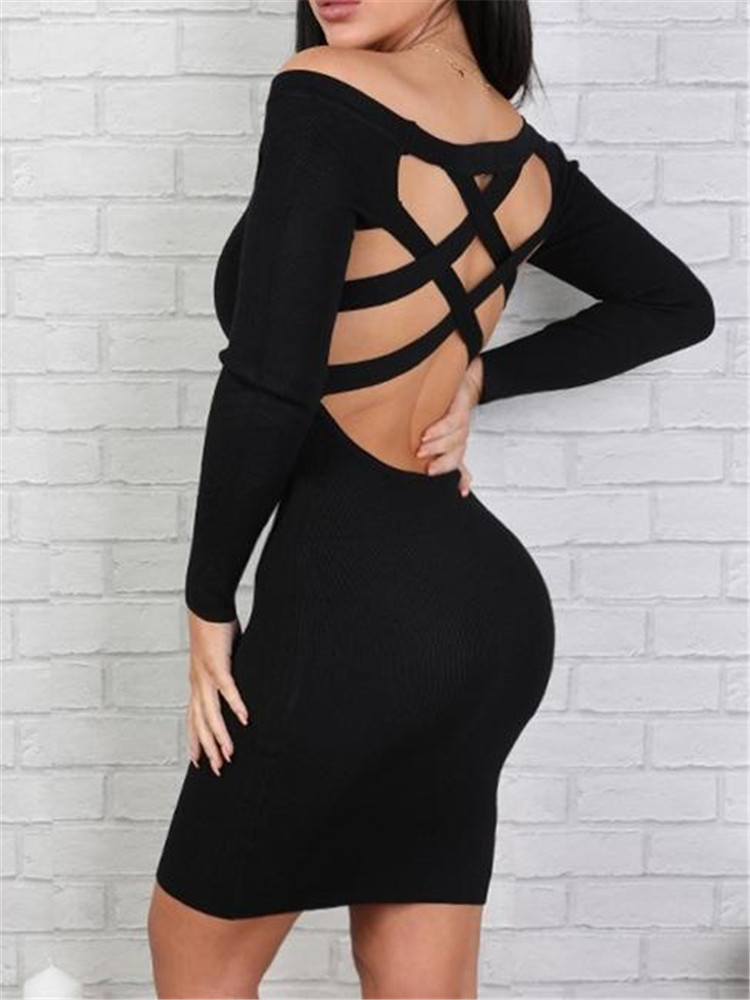 

Sexy Hollow Out Boat Shoulder Bodycon Dress, Gray;black