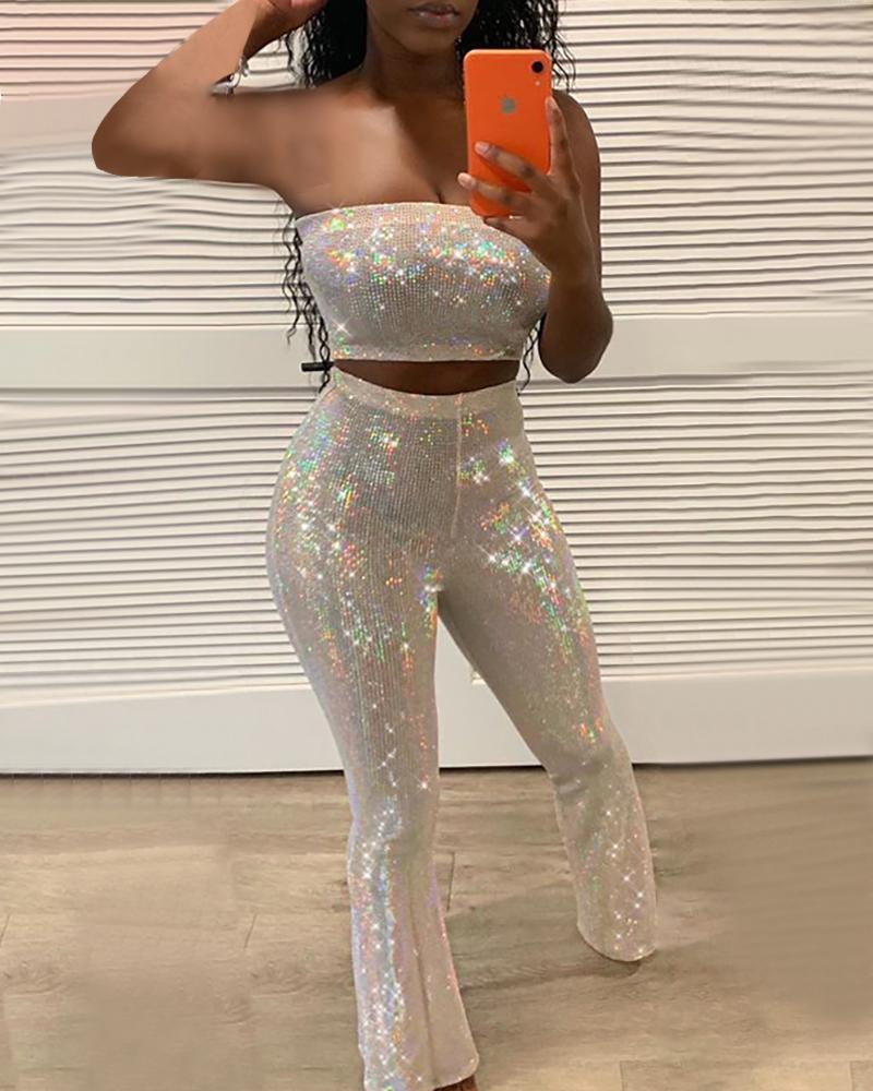 

Tube Sequins Pattern Crop Top & Pant Sets, White