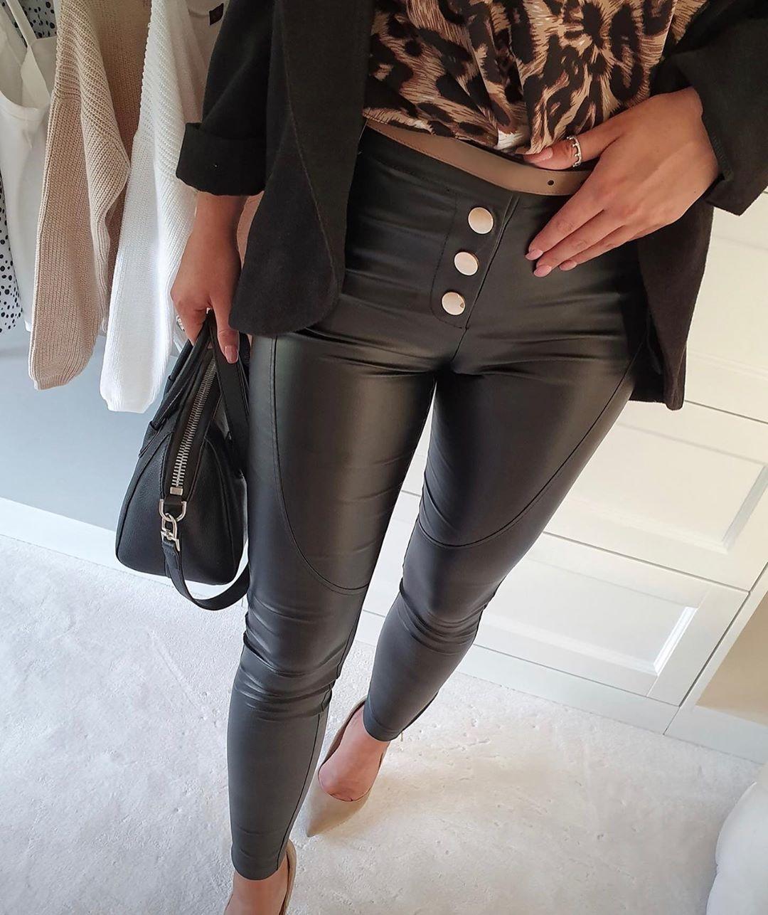 

Button Up Faux Leather Pants, Black