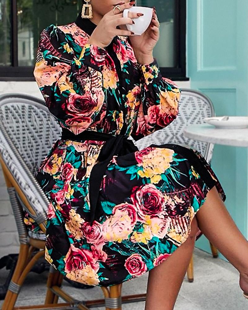 

Mock Neck Floral Print Lantern Sleeve Contrast Binding Dress, Multicolor