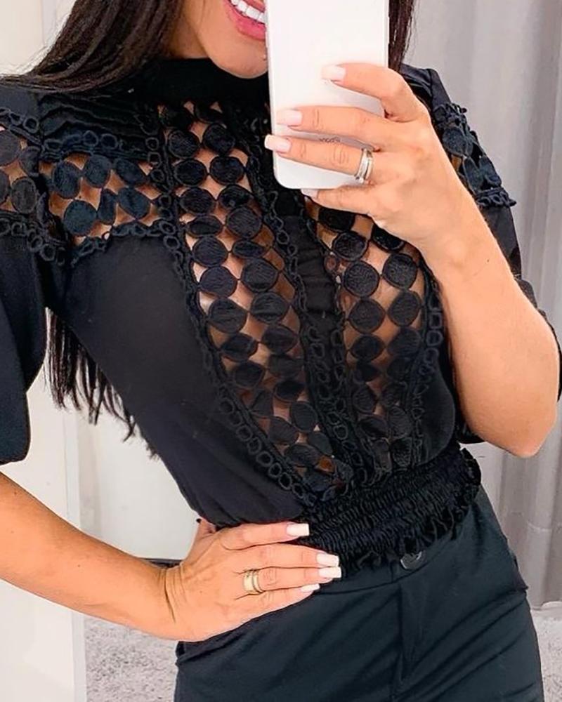 

Mock Neck Hollow Out Half Sleeve Blouse, Black