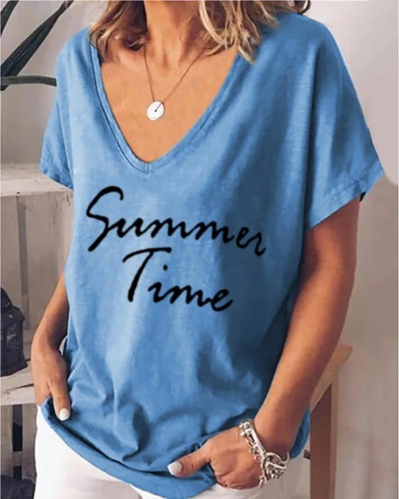 

V Neck Letter Print T-shirt, Blue