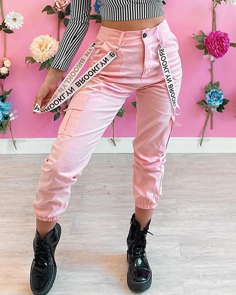 

Pockets Design Letter Tape Casual Cargo Pants, Pink