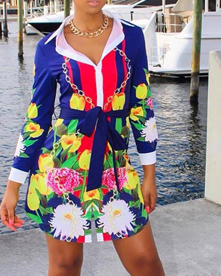 

Long Sleeve Tie Waist Floral Shirt Dress, Blue