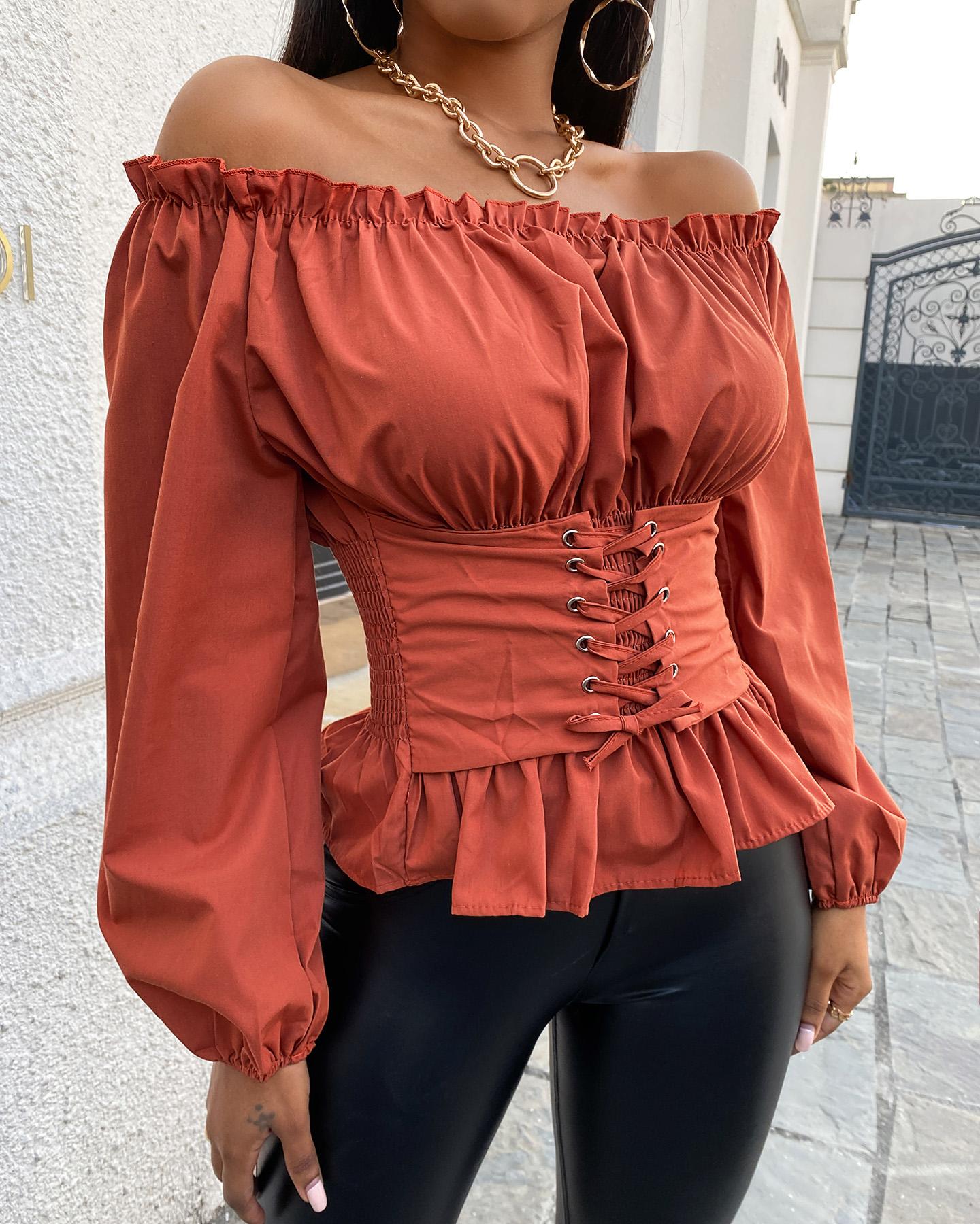 

Eyelet Lace-up Off Shoulder Frill Hem Top, Red