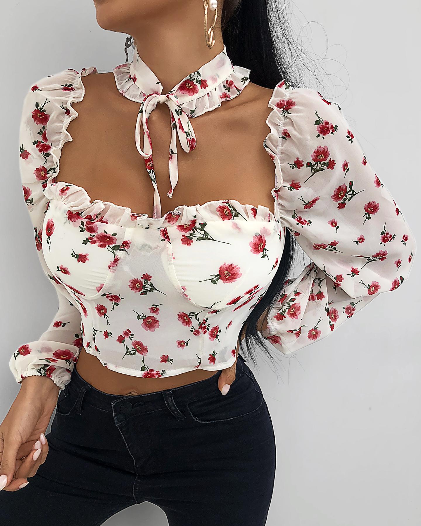 

Floral Print Halter Long Sleeve Blouse, White