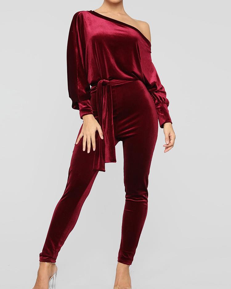 

Solid One Shoulder Belted Jumpsuits