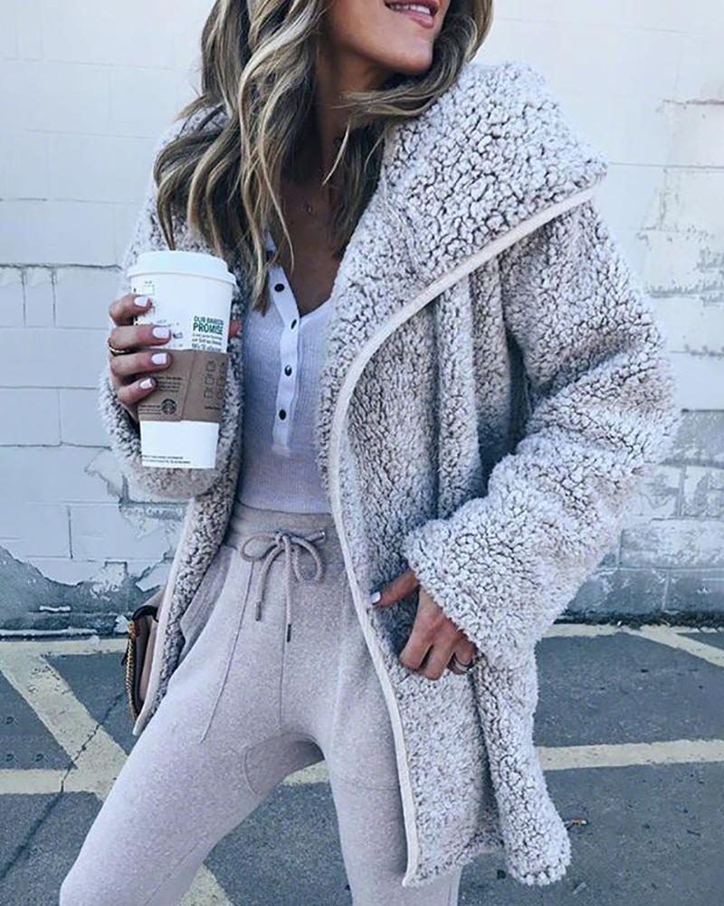 

Waterfall Collar Long Sleeve Casual Fluffy Coat, Gray