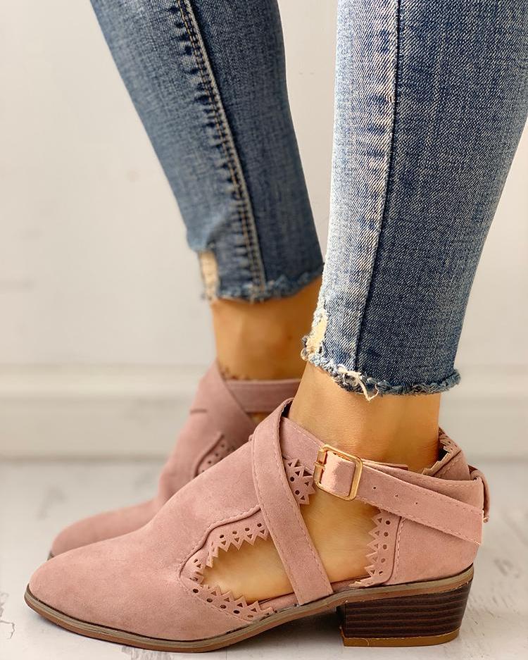 

Laser Cut Pointed Toe Chunky Heels, Pink