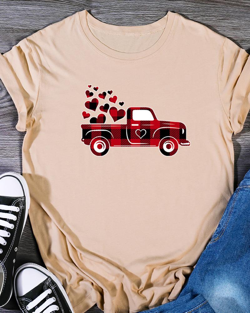 

Valentine' Day Plaid Car Heart Print T-shirt, Khaki
