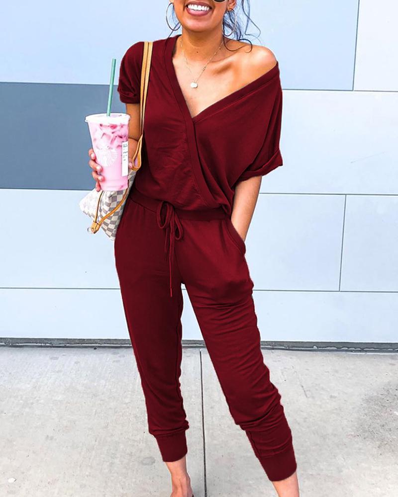 

V-neck Short Sleeve Casual Jumpsuit, Wine red