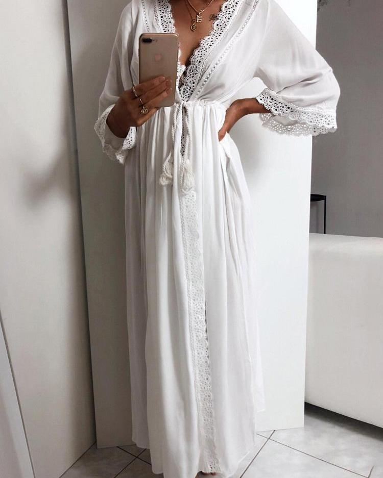 

Lace Insert Tie Waist V-neck Dress, White