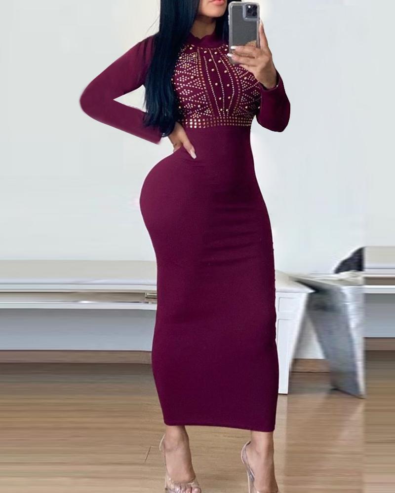 

Hot Stamping High Neck Bodycon Dress, Dark red