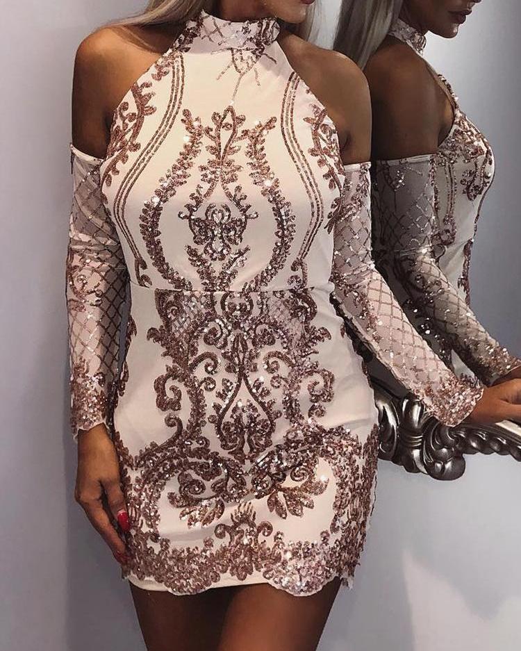 

Cold Shoulder Sequin Party Dress, Apricot