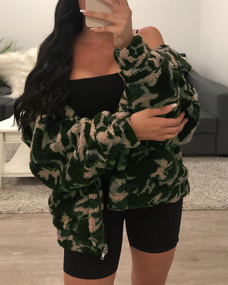 

Turn-down Collar Camouflage Zipper Design Fluffy Coat, Army green